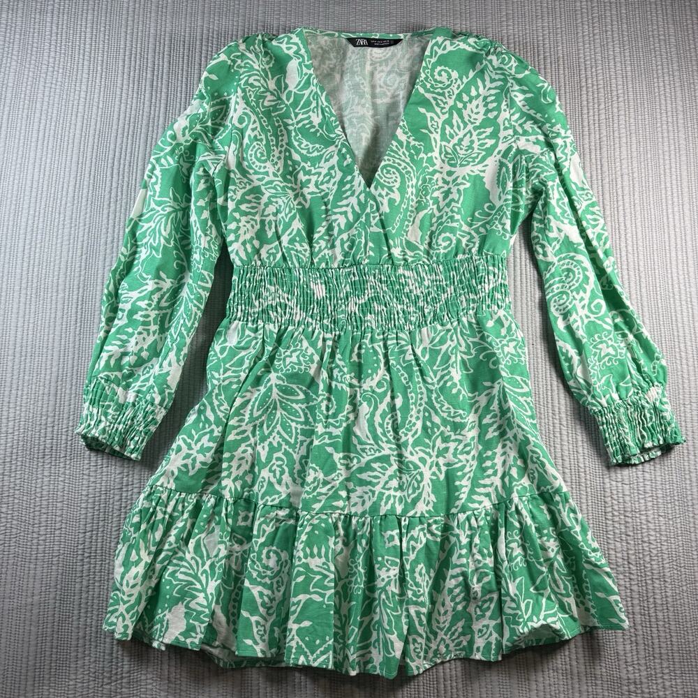ZARA Mini Dress Long Sleeve Ruffled Hem Linen / Cotton Blend Womens M  Vacation